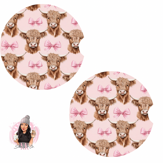 Highland Cow Car Cup Coaster Set